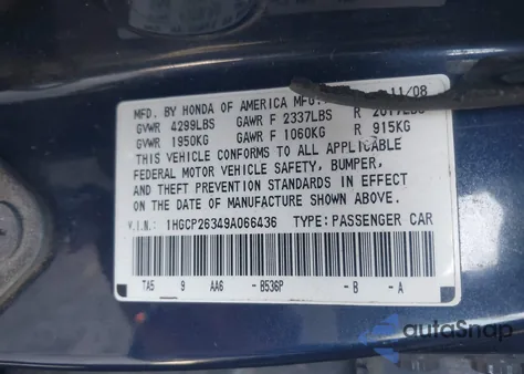 2009 Honda Accord 2.4 Lx z USA, uszkodzony, nr VIN 1HGCP26349A066436